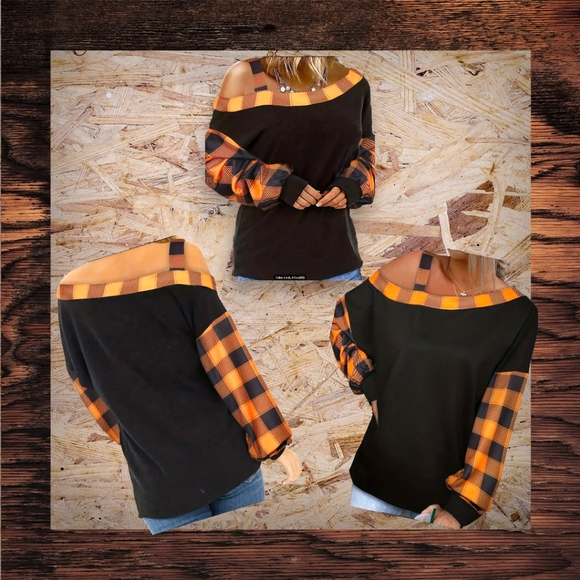 Women's Stylish Casual Black and Orange Plus Size One Shoulder Long Sleeve Top ! - Picture 2 of 12